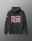 Gray hoodie with animal print and 'Faith Over Fear' text on the back against a gray background