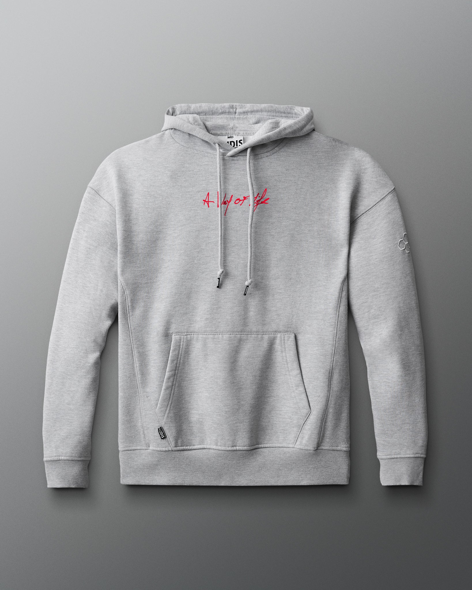Gray hoodie with a red 'A way of life' logo on a gray background