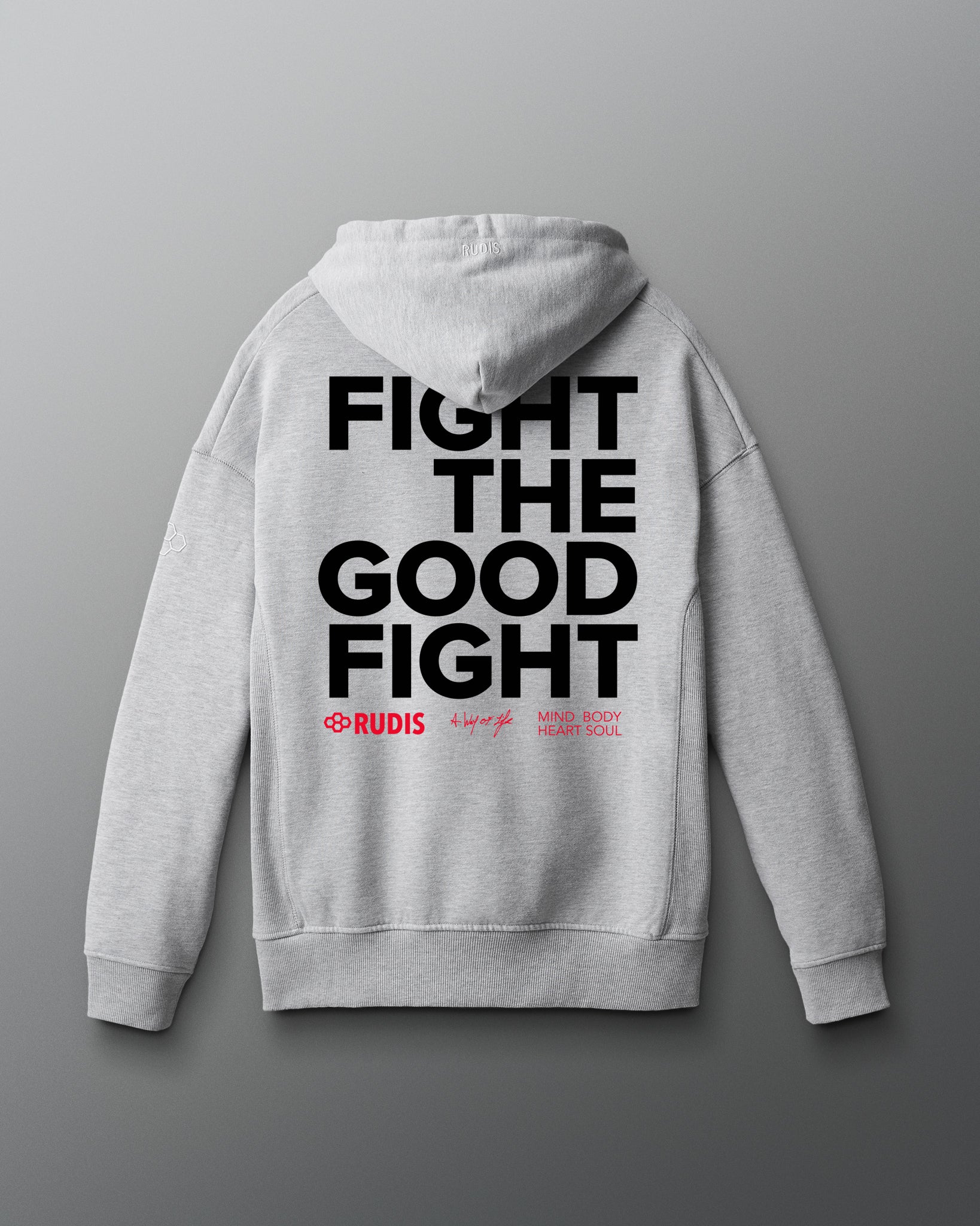 Gray hoodie with 'Fight the Good Fight' text on the back against a gray background