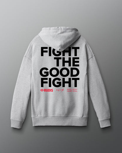 Gray hoodie with 'Fight the Good Fight' text on the back against a gray background