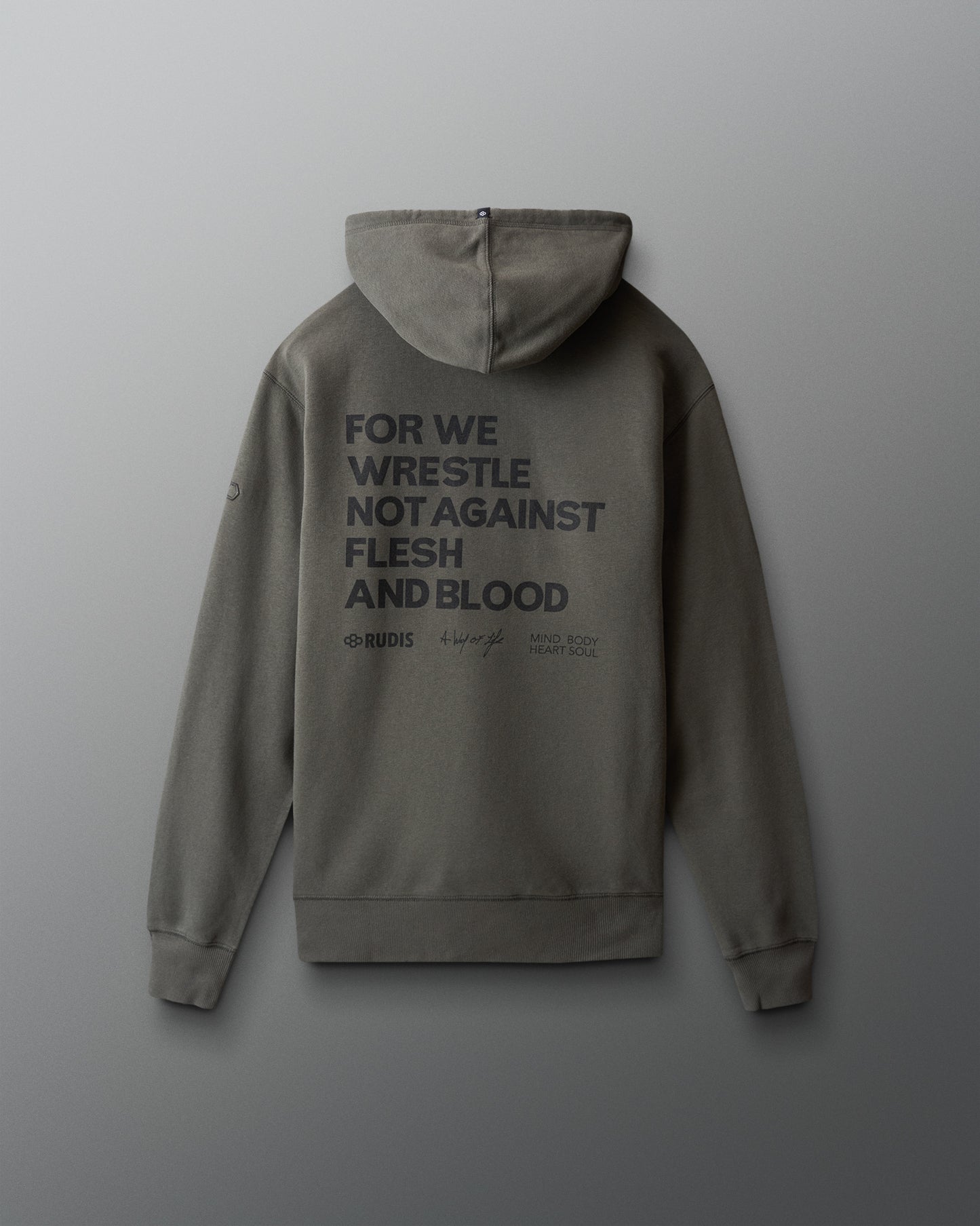 dark olive hoodie with text on the back against a gray background