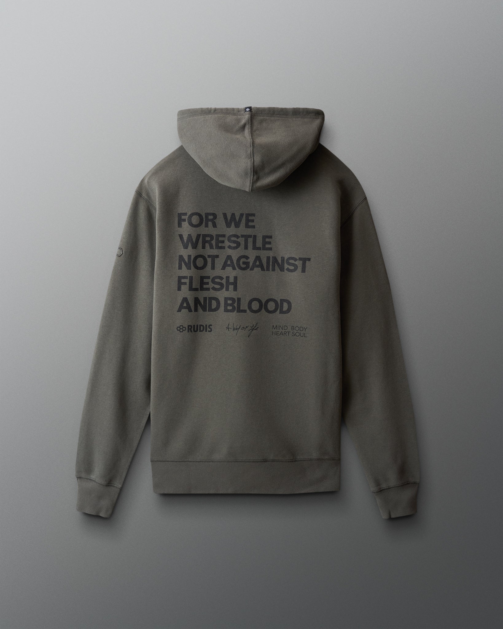 dark olive hoodie with text on the back against a gray background