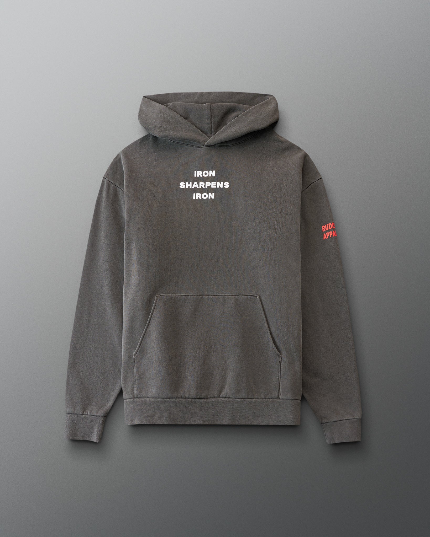 Gray hoodie with 'Iron Sharpens Iron' text on a gray background