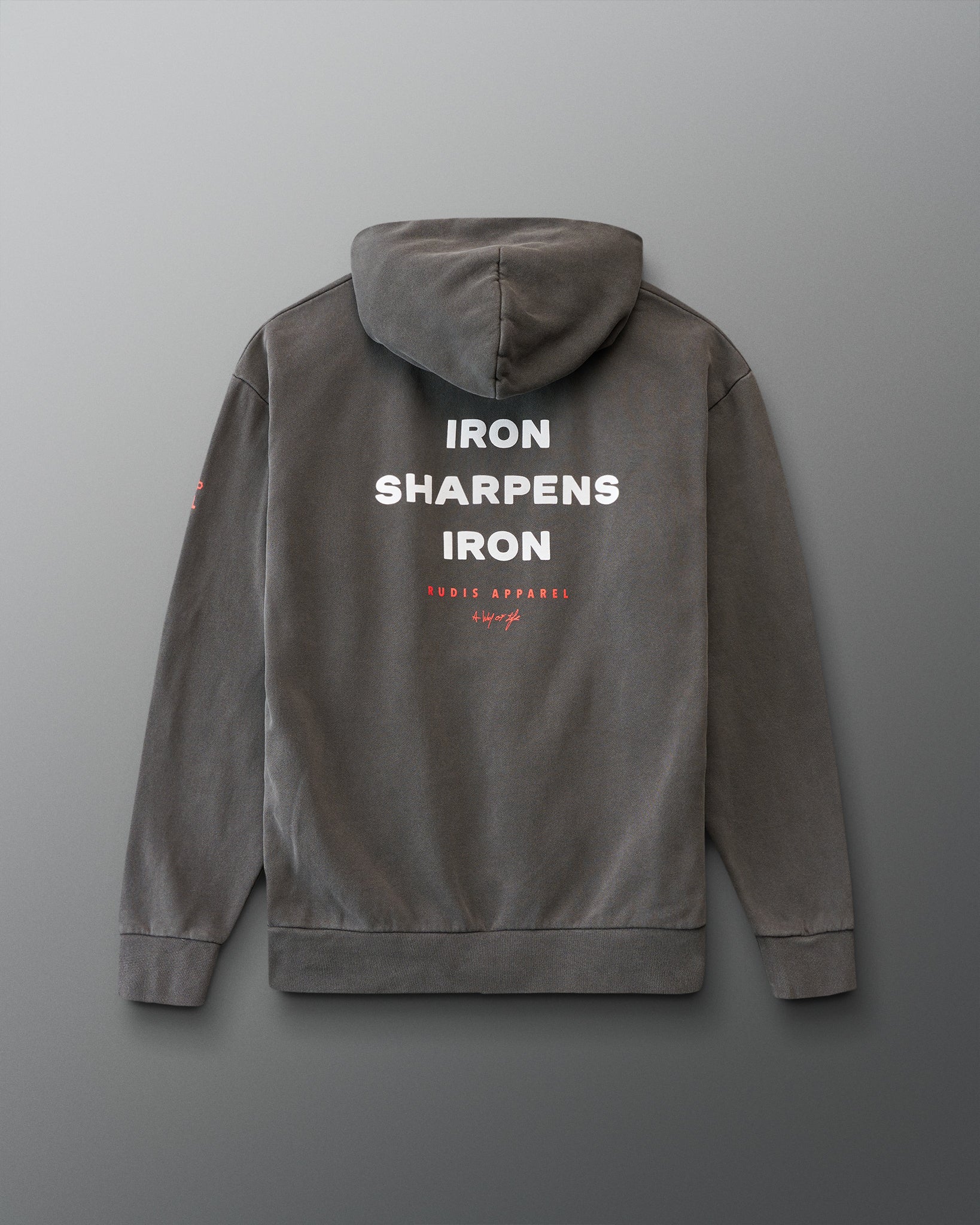 Gray hoodie with 'IRON SHARPENS IRON' text on the back against a gray background