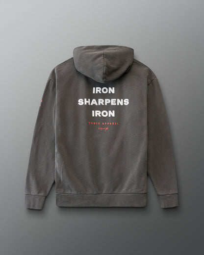 Gray hoodie with 'IRON SHARPENS IRON' text on the back against a gray background