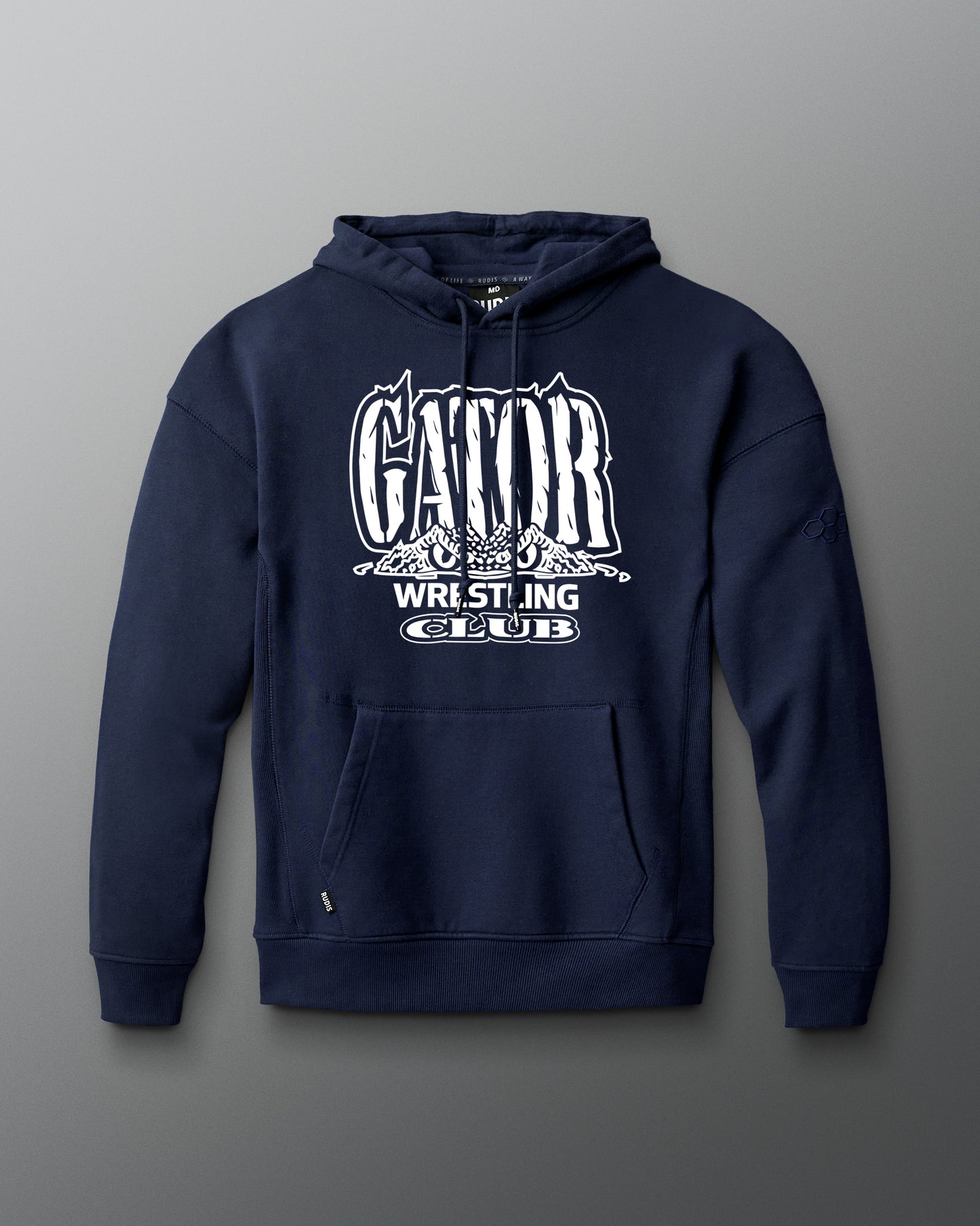 Navy blue hoodie with 'Gator Wrestling Club' text on a gray background