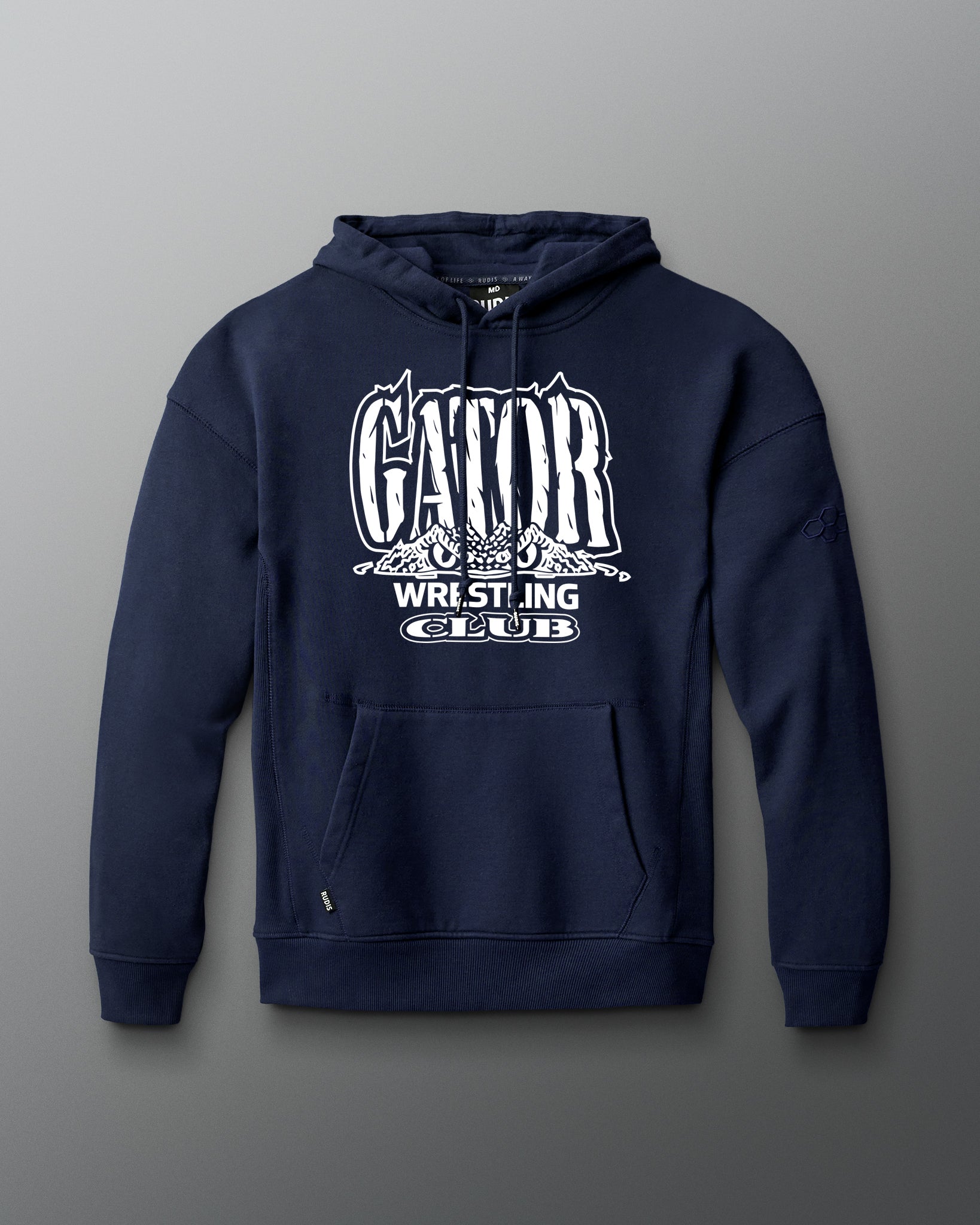 Navy blue hoodie with 'Gator Wrestling Club' text on a gray background