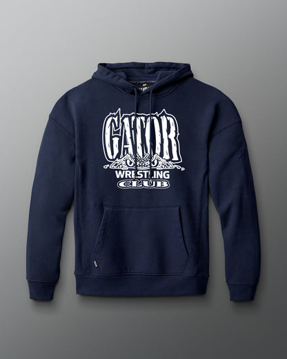 Navy blue hoodie with 'Gator Wrestling Club' text on a gray background
