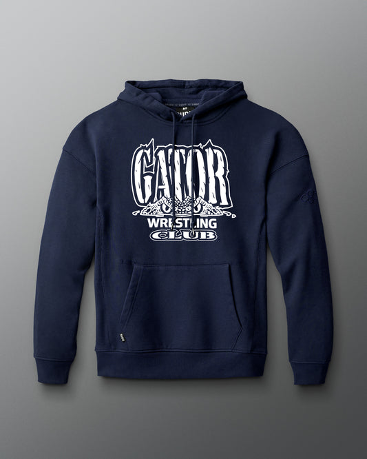 Navy blue hoodie with 'Gator Wrestling Club' text on a gray background