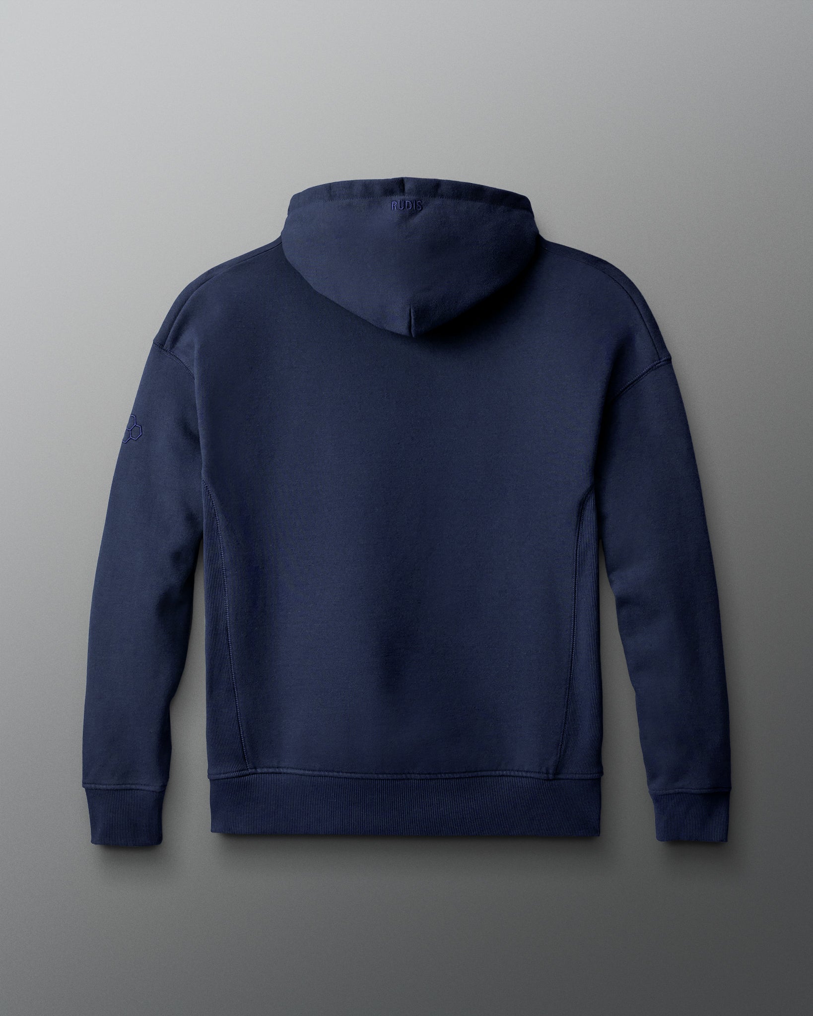 Navy blue hoodie on a light gray background