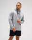 Model wearing the heather gray RUDIS Contrast COOL-FEEL Hoodie with black RUDIS chest branding, branded drawcords, and athletic fit.