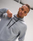 Close-up of the heather gray RUDIS Contrast COOL-FEEL Hoodie showing the RUDIS chest logo, branded drawcords, and performance fabric.