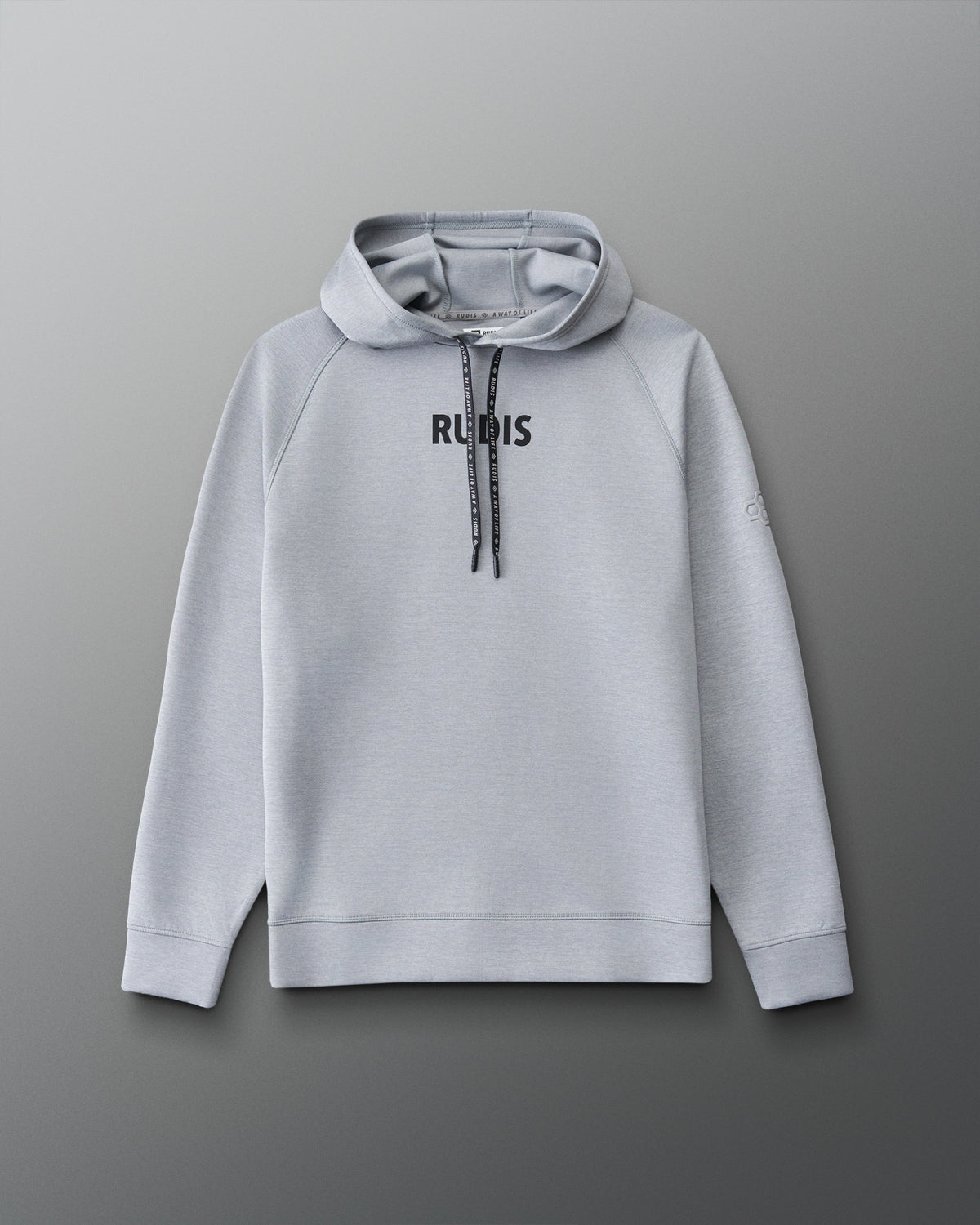 A light gray pullover hoodie with 'RUDIS' printed in black across the chest, featuring black drawstrings, shown against a dark gray gradient background.