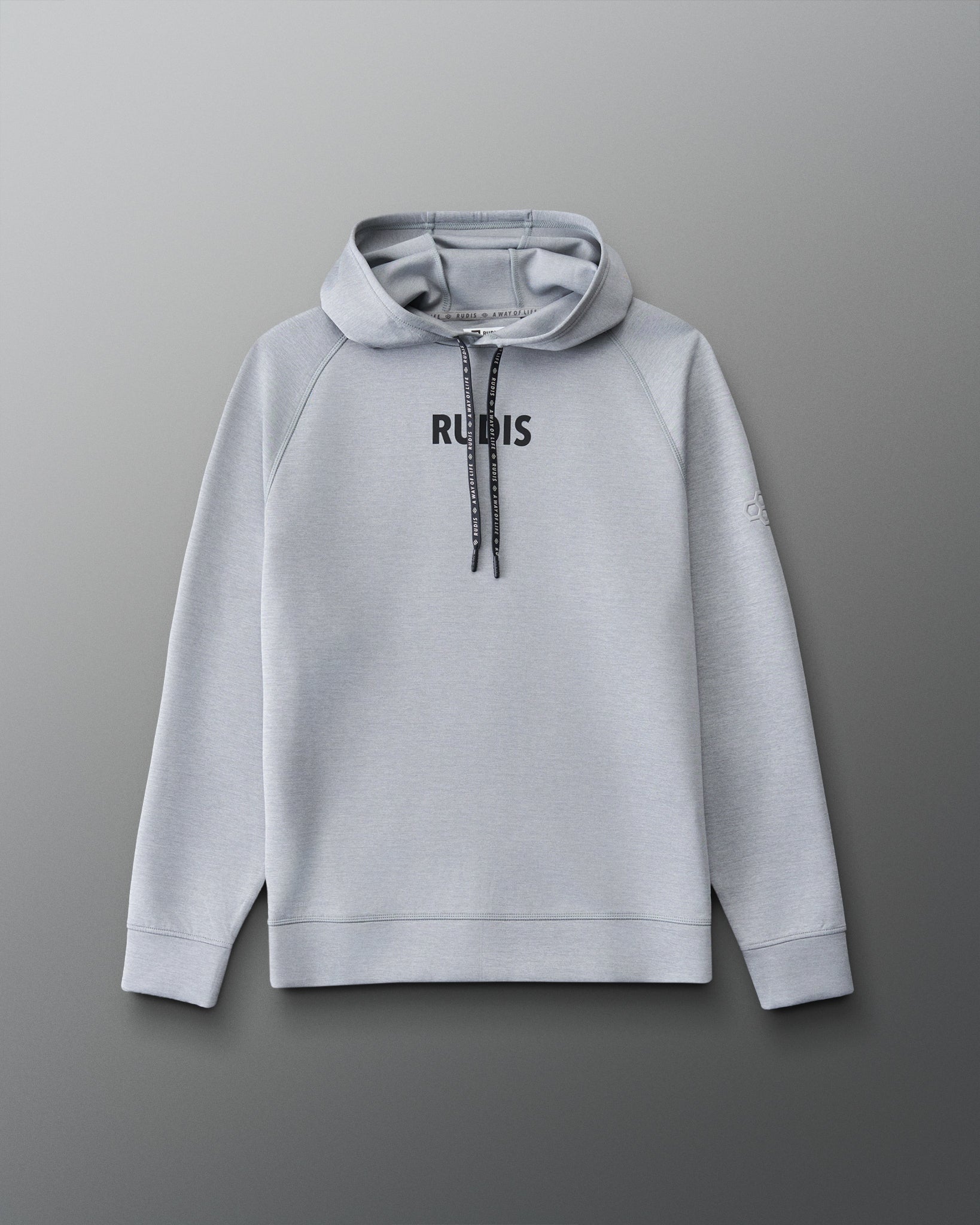 A light gray pullover hoodie with 'RUDIS' printed in black across the chest, featuring black drawstrings, shown against a dark gray gradient background.