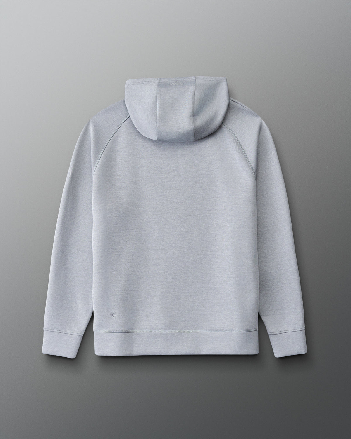 A light gray hooded sweatshirt shown from the back, featuring a simple back view with raglan sleeves and ribbed cuffs and hem, displayed on a neutral gray gradient background.