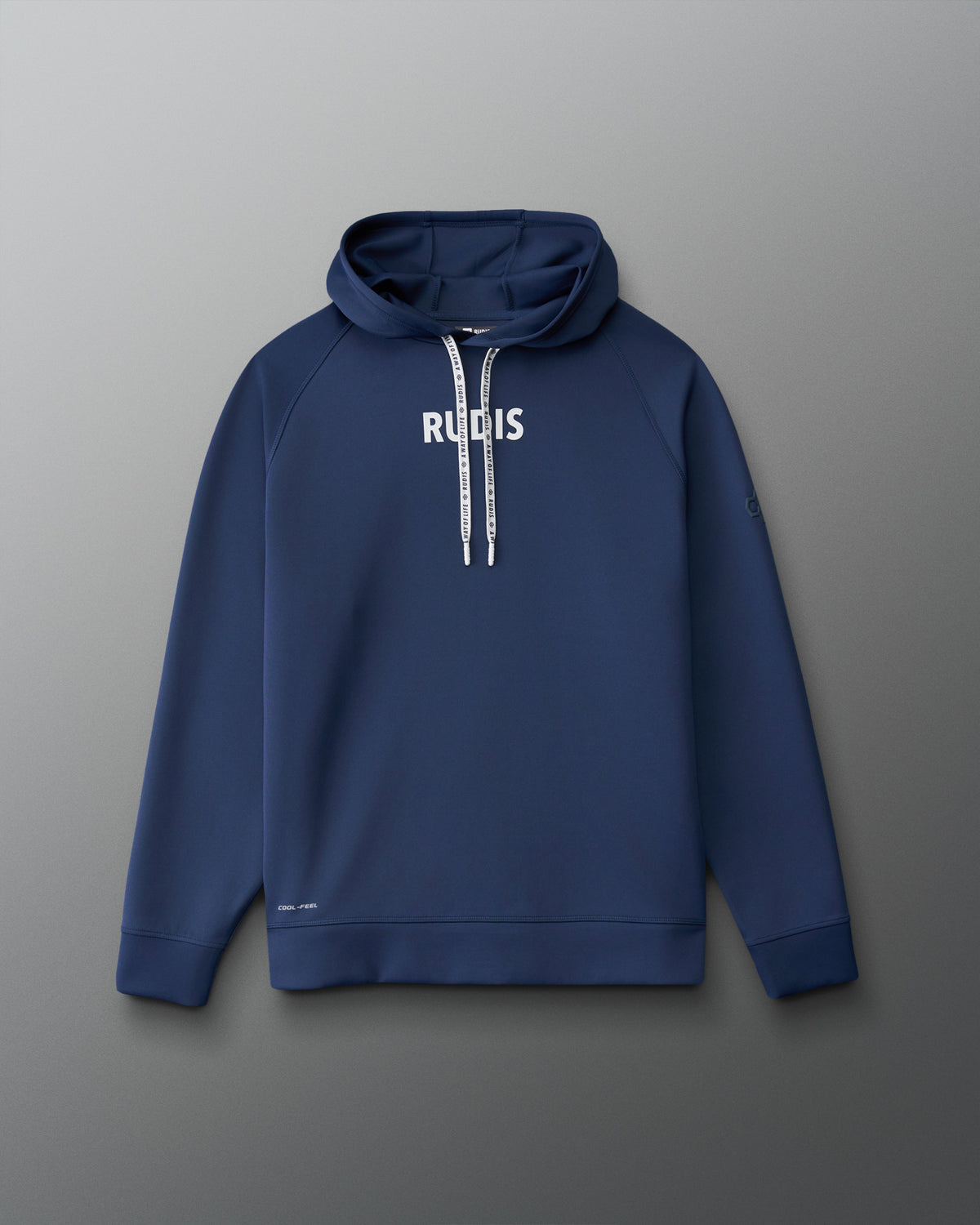 A navy blue pullover hoodie with white drawstrings and 'RUDIS' printed in white across the chest, displayed against a neutral gray gradient background.
