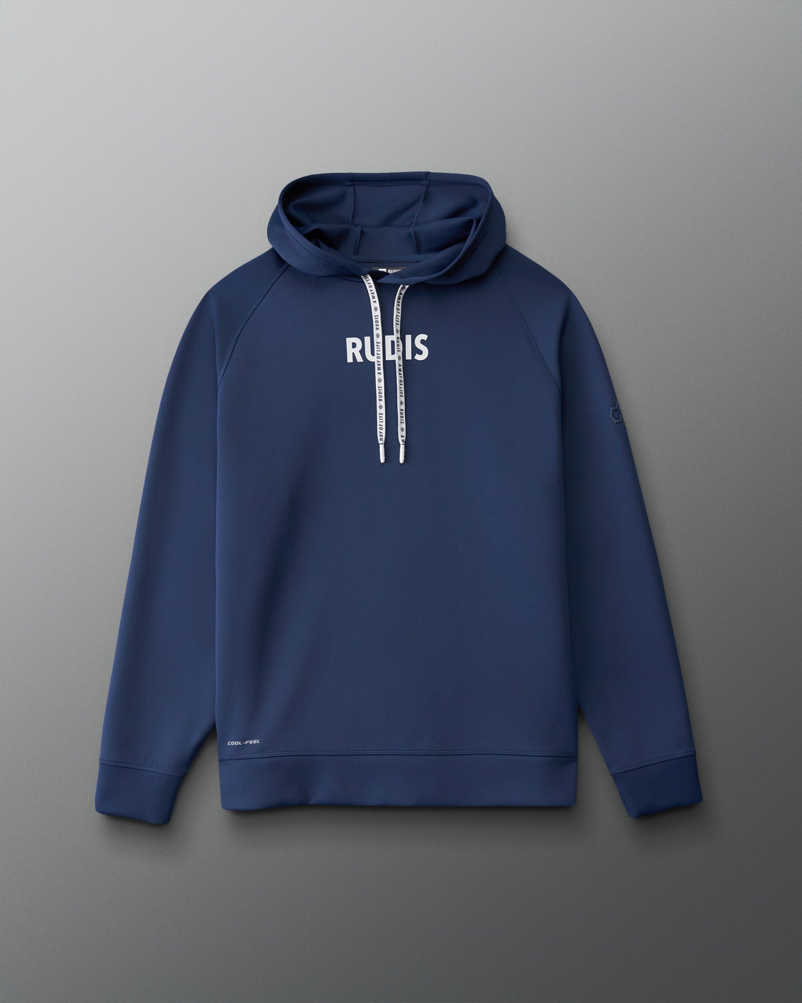 A navy blue pullover hoodie with white drawstrings and 'RUDIS' printed in white across the chest, displayed against a neutral gray gradient background.