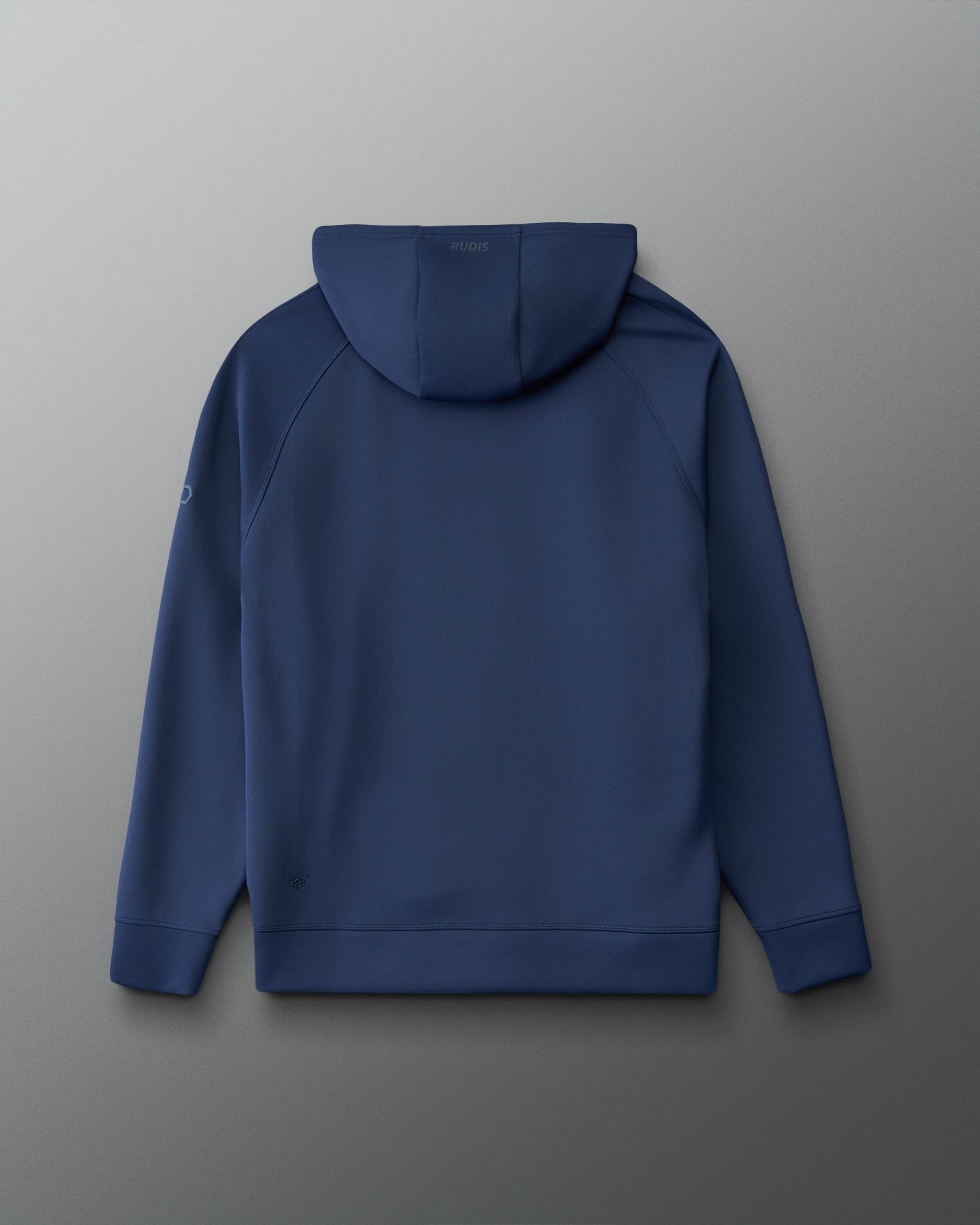 A navy blue hooded sweatshirt shown from the back, laid flat against a neutral gray background.