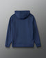 A navy blue hooded sweatshirt shown from the back, laid flat against a neutral gray background.