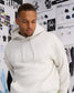 Close-up of a male model wearing the RUDIS A Way Of Life Relaxed Comfort Fleece Hoodie in Heather Silver, highlighting tonal raised lettering and drawstring hood.