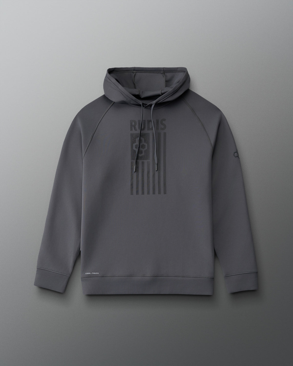Front view of RUDIS Flag Hex Cool Feel Hoodie in Carbon gray, featuring tonal RUDIS American flag graphic, drawstring hood, raglan sleeves, and ribbed cuffs.