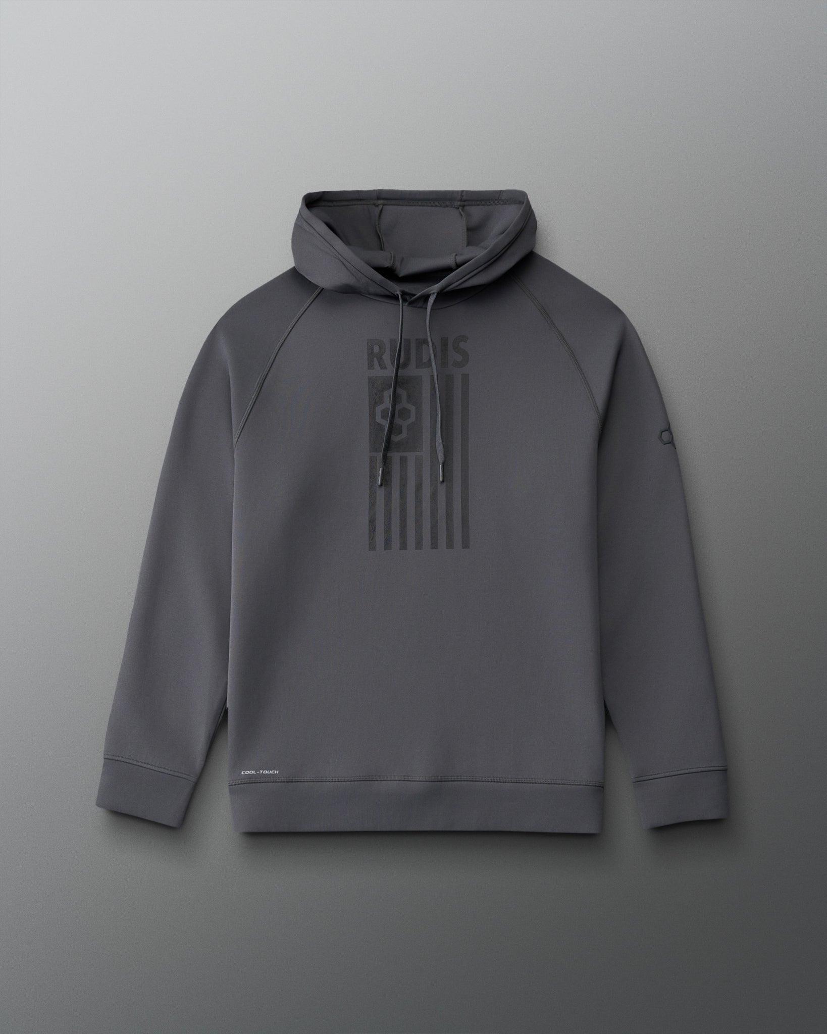 Front view of RUDIS Flag Hex Cool Feel Hoodie in Carbon gray, featuring tonal RUDIS American flag graphic, drawstring hood, raglan sleeves, and ribbed cuffs.