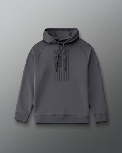 Front view of RUDIS Flag Hex Cool Feel Hoodie in Carbon gray, featuring tonal RUDIS American flag graphic, drawstring hood, raglan sleeves, and ribbed cuffs.