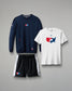 Navy sweatshirt, white t-shirt, and black shorts with a logo on a gray background