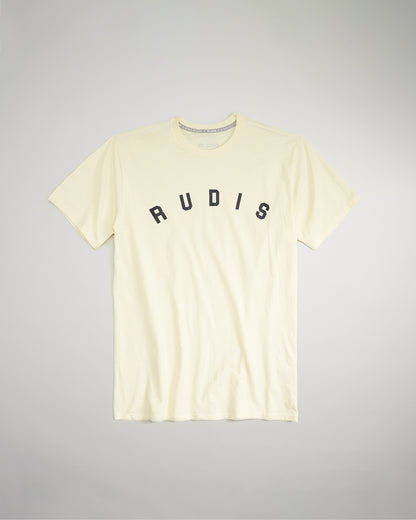 A light yellow t-shirt featuring a bold black lettered RUDIS print across the chest designed for comfort and casual wear