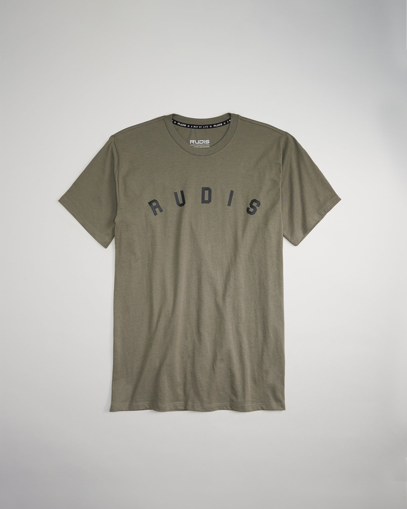This t-shirt features a muted olive green color with RUDIS printed prominently across the chest in black
