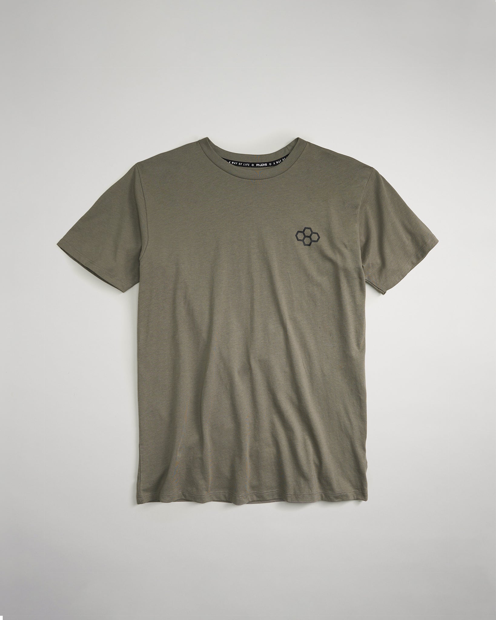 This image displays a minimalist olive green t-shirt featuring a small decorative logo on the left chest area set against a light backdrop