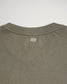 A close-up view of the back neckline of an olive green shirt featuring three vertical white lines as a design element