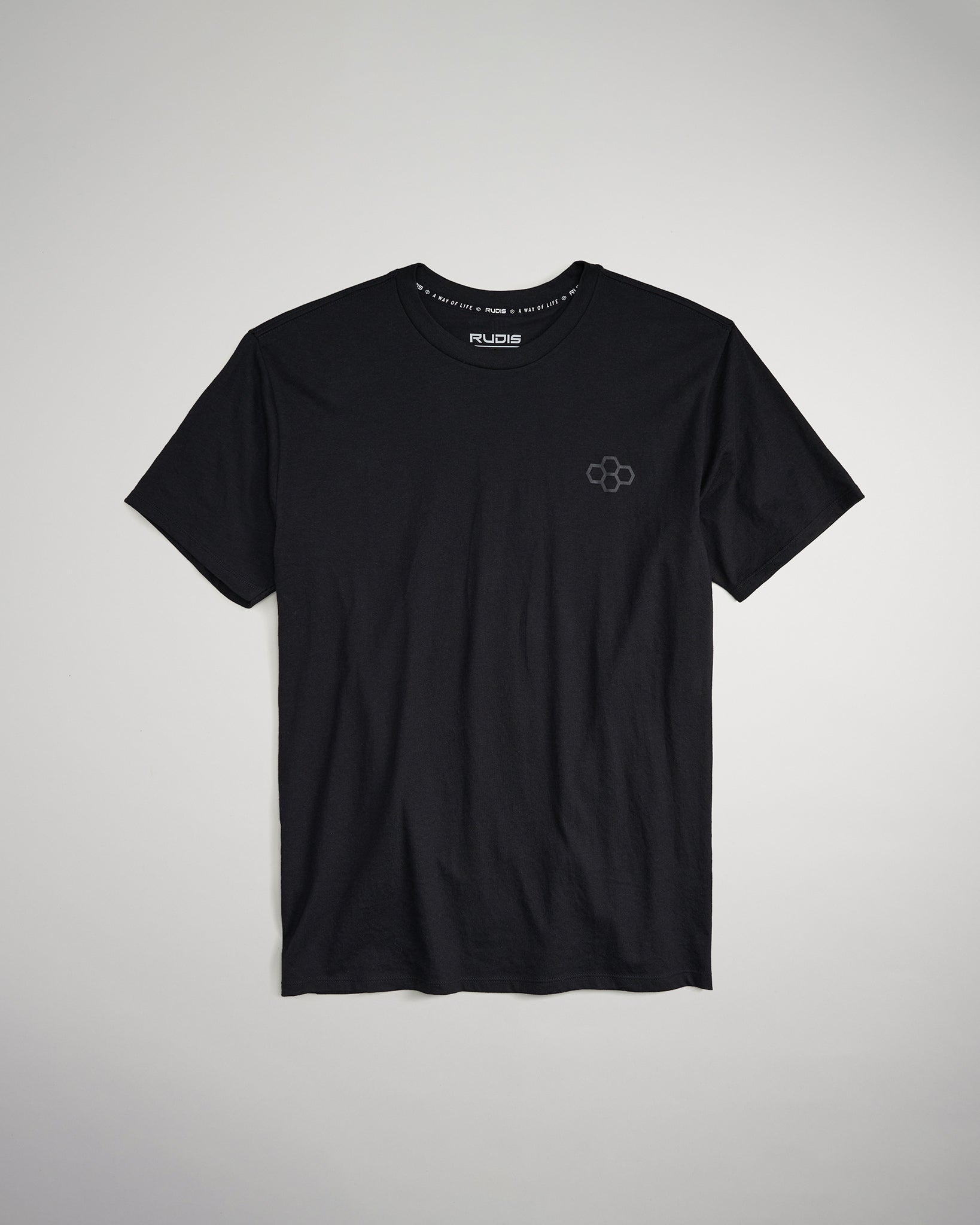 A plain black t-shirt featuring a subtle logo on the chest and a comfortable crew neckline ideal for casual wear