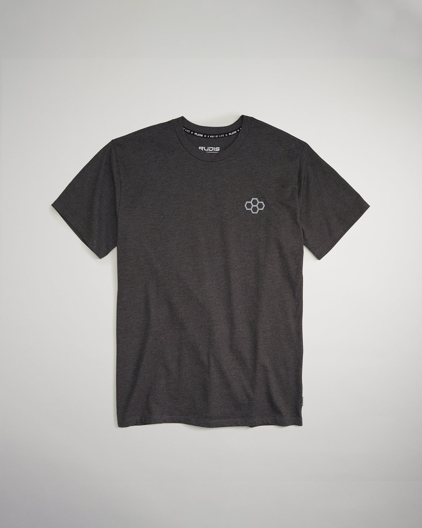 A dark gray T-shirt featuring a small logo on the chest and a comfortable casual design suitable for everyday wear