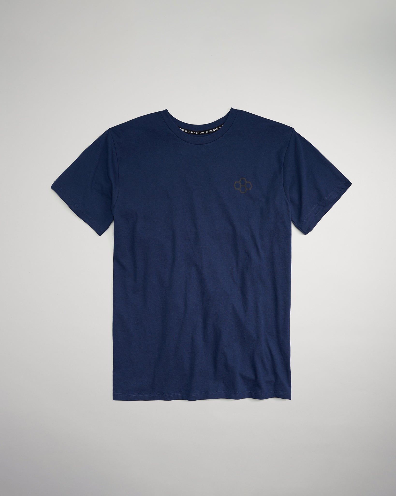 A navy blue t-shirt featuring a subtle branded logo on the left chest area designed for casual wear