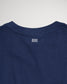 The back neckline of a navy blue t-shirt featuring a minimalist white logo with three horizontal stripes