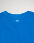 The image features the back of a vibrant blue t-shirt highlighting a minimalist design with three vertical white stripes near the neckline