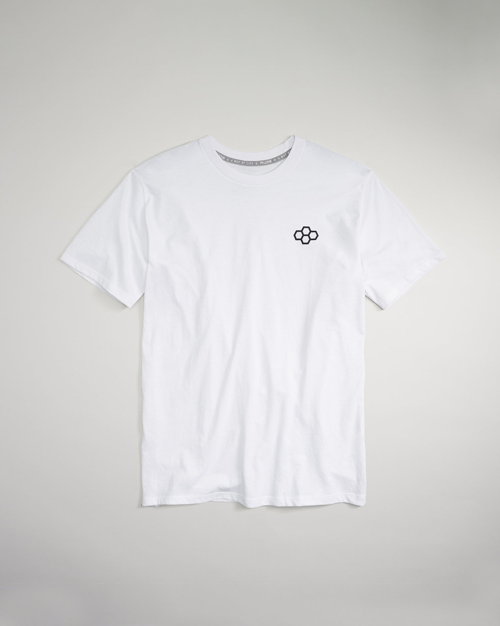 A white short-sleeve t-shirt featuring a small black floral design on the left chest area