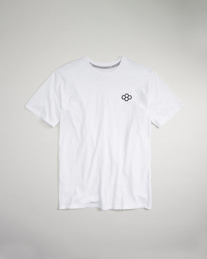 A white short-sleeve t-shirt featuring a small black floral design on the left chest area