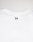 A close-up view of the back neckline of a white t-shirt featuring three vertical black lines above the collar
