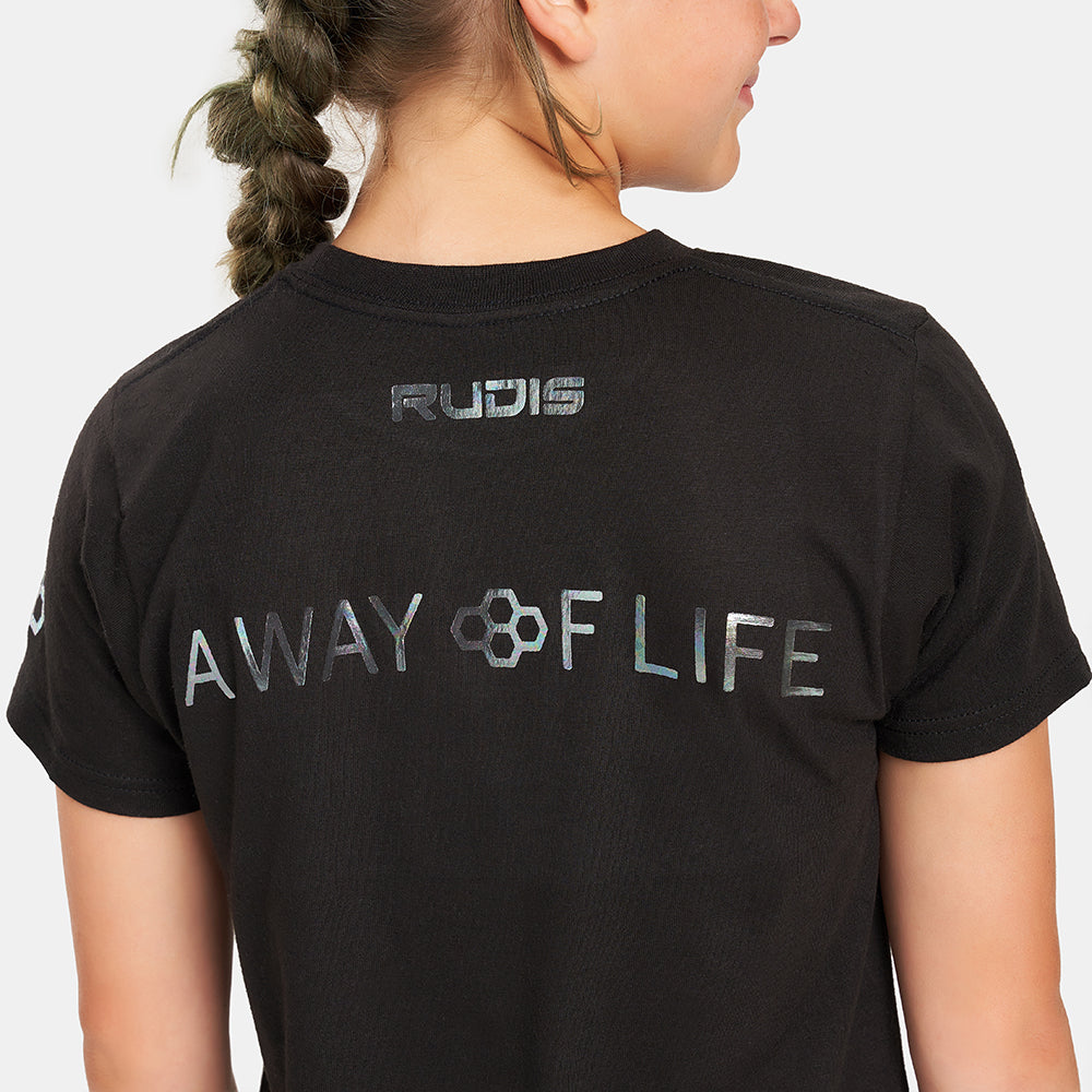 A black t-shirt featuring the brand logo RUDIS and the phrase AWAY OF LIFE with a reflective design on the back