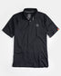 A black athletic polo shirt featuring a subtle logo made from breathable fabric and designed for comfort during physical activities