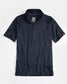 A sleek navy blue polo shirt made from lightweight breathable fabric designed for comfort during physical activities
