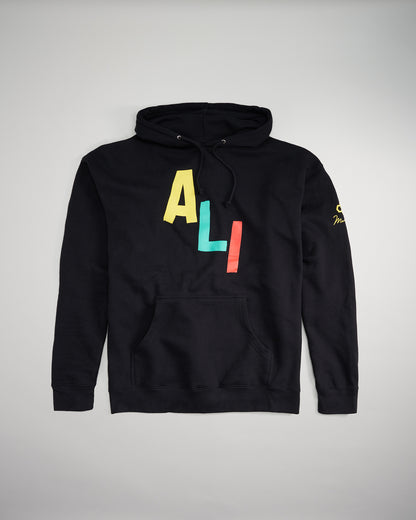 A black hoodie featuring bold colorful lettering spelling ALI on the front designed for casual wear