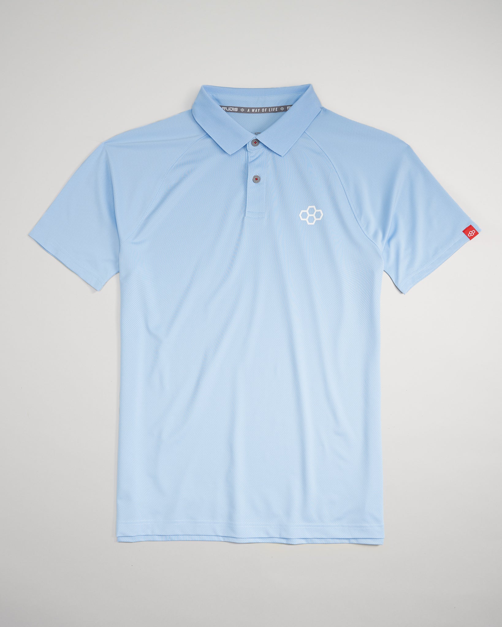 A light blue polo shirt featuring a breathable fabric a classic collar and subtle logo embroidery on the chest