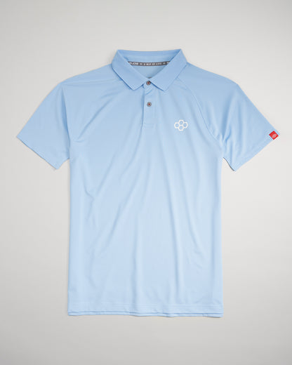 A light blue polo shirt featuring a breathable fabric a classic collar and subtle logo embroidery on the chest