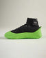 A pair of striking black and neon green athletic shoes featuring a high-top design and textured sole for enhanced grip and performance