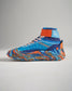 A vibrant high-top athletic shoe featuring a mix of blue and orange colors designed for performance and style