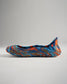 A stylized side view of a colorful shoe featuring a swirling pattern in blue orange and patches of other colors showcasing a unique design