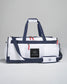 A stylish white and navy gym bag featuring a prominent logo and multiple compartments for storage